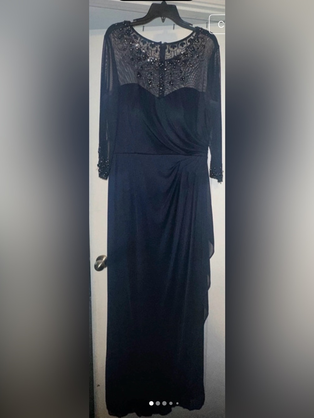 Alex Evenings Navy Long Sleeve Beaded Evening Gown